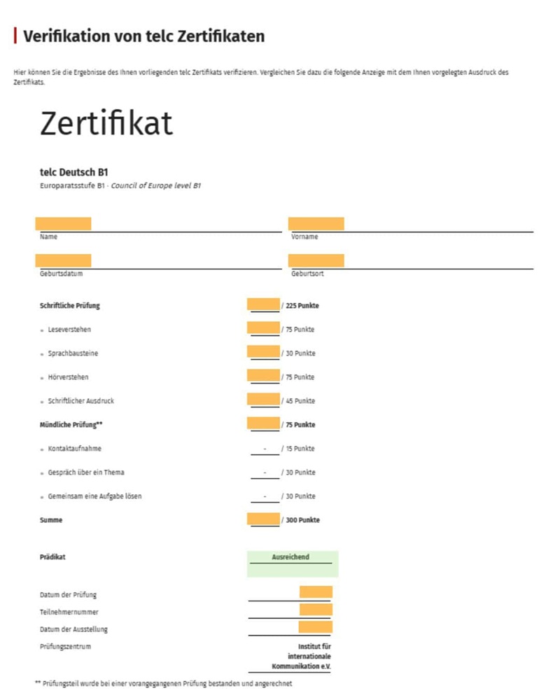 Minh họa bảng điểm TELC